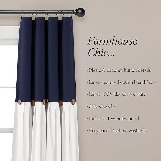 Lush Decor Linen Button Window Curtain Panel, Single, 40" W x 84" L, Navy & White - Country Curtains - Rustic Decor - Color Block Modern Curtains For Living Room, Bedroom & Dining Room - 100% Blackout