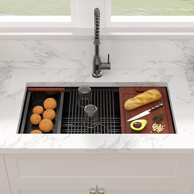 Sarlai 30 Matte Black Undermount Kitchen Sink Workstation - 30x18 Inch Kitchen Sinks with Ledge NANO-Tech Round Corner 16 Gauge Stainless Steel Single Bowl Sink Basin