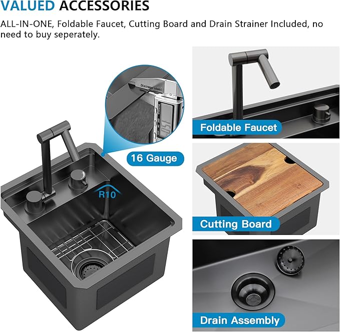 13"x15" Undermount RV Kitchen Sink Workstation – Gunmetal Black NANO-PVD, 16 Gauge 304 Stainless Steel, Single Bowl Basin with Foldable Faucet for Mobile Home, Wet Bar, Outdoor RV Kitchen