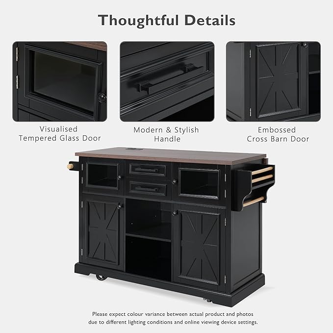 54.9" Kitchen Island with Drop Leaf and Drawers, Rolling Kitchen Cart with Shelves and Storage Cabinet, Kitchen Prep Table on Wheels with Power Outlet and Cross Barn Doors & Visual Glass Door Black