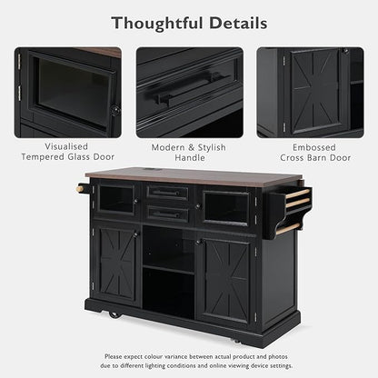 54.9" Kitchen Island with Drop Leaf and Drawers, Rolling Kitchen Cart with Shelves and Storage Cabinet, Kitchen Prep Table on Wheels with Power Outlet and Cross Barn Doors & Visual Glass Door Black