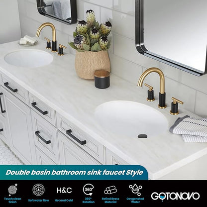 gotonovo 3 Hole 2 Handles Lavatory Basin Bathroom Sink Faucet with Pop Up Drain with Hot and Cold Mixer Valves 8 Inch Widespread Bathroom Faucet Matte Black & Gold