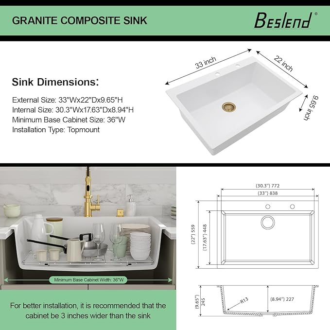 33 Granite Composite Kitchen Sink - Beslend 33x22 Inch Drop In Granite Kitchen Sink Topmount White Quartz Sinks Classic Above Counter Single Bowl Basin