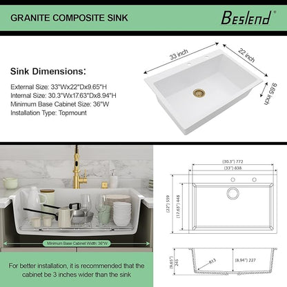 33 Granite Composite Kitchen Sink - Beslend 33x22 Inch Drop In Granite Kitchen Sink Topmount White Quartz Sinks Classic Above Counter Single Bowl Basin