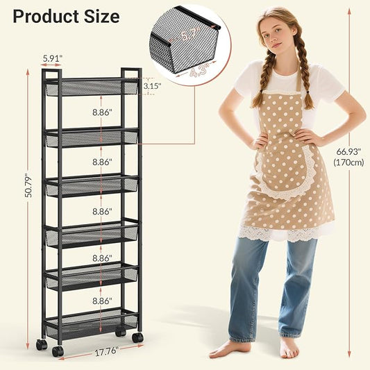 ThreeHio 6 Tier Slim Storage Cart, Narrow Cart with Wheels, Metal Mobile Shelving Unit Organizer for Kitchen, Bathroom, Laundry Room, Living Room & Narrow Spaces, Black, 6in(W)
