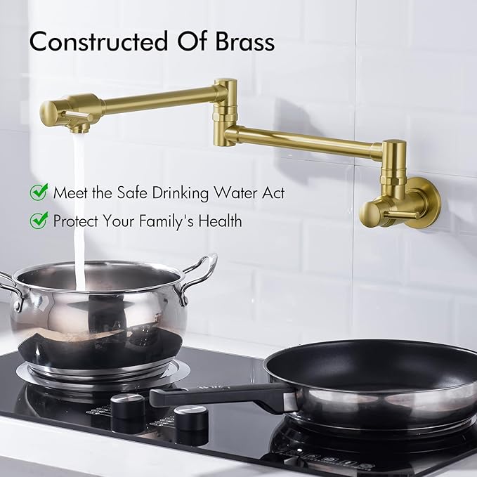 BAGNOLUX Traditional Wall Mounted Single Hole Pot Filler Faucet, Brass Kitchen Faucet Restaurant Stove with 2 Lever Handles and Double Jointed Swing Arm, 23.4 Inch, Brushed Gloss Dark Gold-PVD