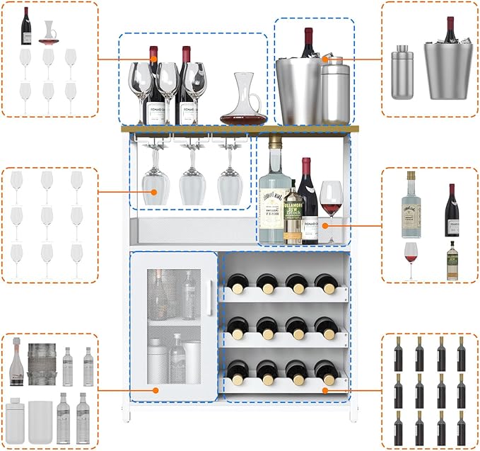 GAOMON Coffee Wine Bar Cabinet with Storage and Detachable Rack, Farmhouse Sideboard and Buffet Cabinet with Glass Holder and Mesh Door, Liquor Coffee Bar Cupboard, White