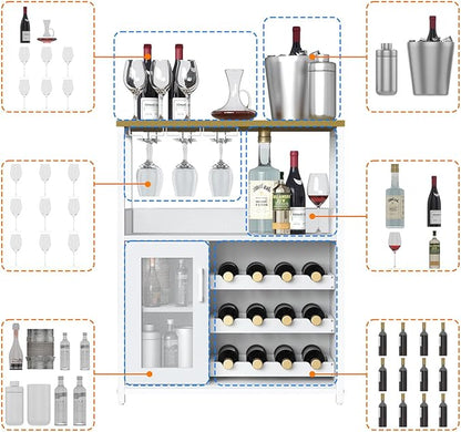 GAOMON Coffee Wine Bar Cabinet with Storage and Detachable Rack, Farmhouse Sideboard and Buffet Cabinet with Glass Holder and Mesh Door, Liquor Coffee Bar Cupboard, White