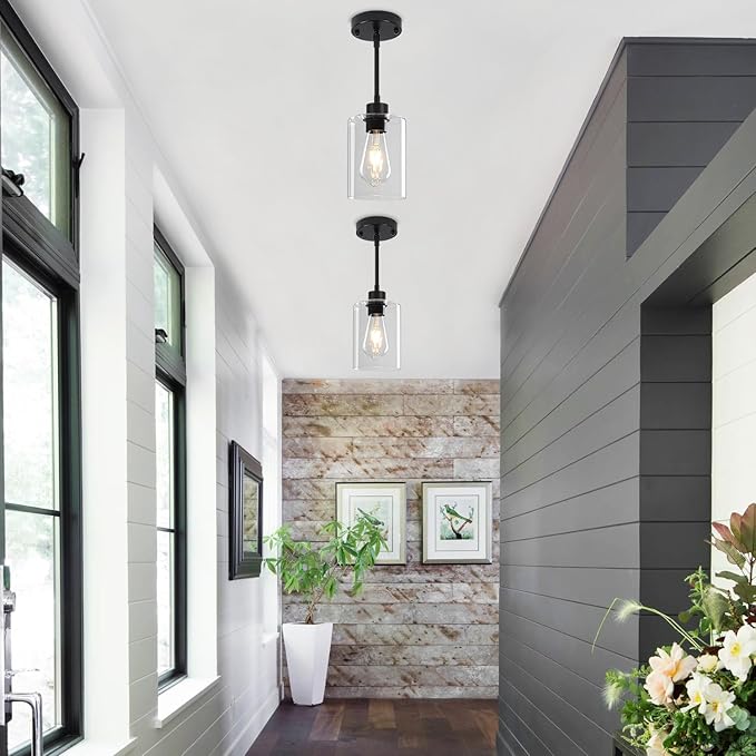 3 Pack Black Pendant Lights Kitchen Island, Modern Glass Pendant Lighting Over Island Kitchen Hanging Dining Room Light Fixtures Adjustable Pendant Lights for Bathroom Hallway Entryway Bedroom