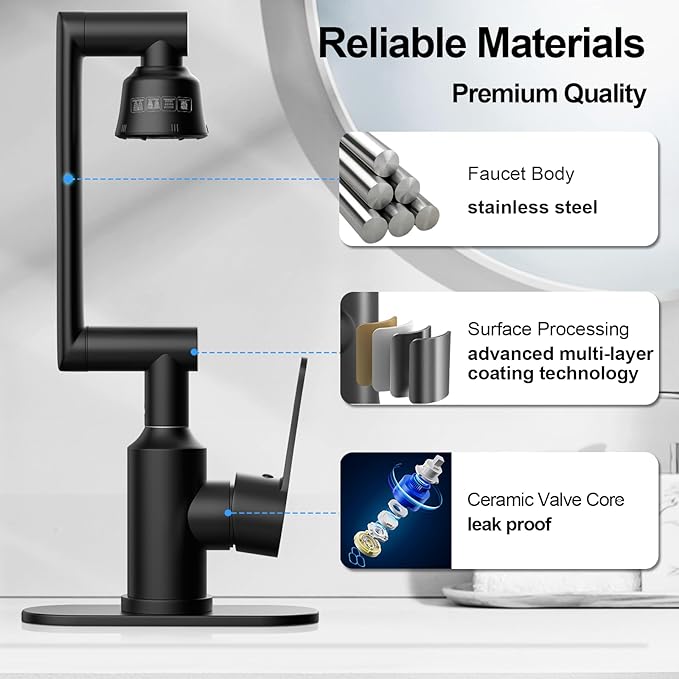 Bathroom Sink Faucet, FunnyAir Stainless Steel 1080° Rotatable Faucet for Sink 1 Hole or 3 Holes, Modern Style Single Handle Bathroom Faucets with Hot and Cold Hoses, Matte Black