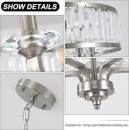 20" Brushed Nickel Crystal Chandelier,5-Light Modern Dining Room Light Fixture Over Table Adjustable Height Hanging Industrial Pendant Lights Kitchen Island,Living Room Kitchen Island Entryway