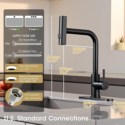 Waterfall Kitchen Faucet with Pull Down Sprayer, ARTIQUA Black Single Handle Kitchen Sink Faucet with Deck Plate Fits 1 or 3 Hole, for Bar RV Laundry Farmhouse Outdoor and Camper