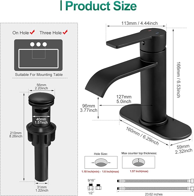 VOTON Matte Black Waterfall Bathroom Faucet, Single Handle 1 or 3 Hole Modern Sink Faucet with Deck Plate & Pop-Up Drain, RV Camper Washbasin Tap