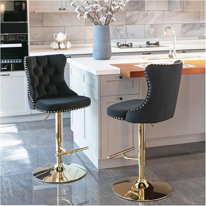 Golden Swivel Velvet Barstools Adjusatble Seat Height from 25-33 Inch,Modern Upholstered Bar Stools with Backs Comfortable Tufted for Home Pub and Kitchen Island,Black,Set of 2
