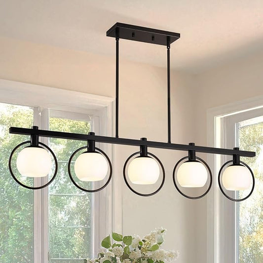 WJShome Dining Room Light Fixture/Chandelier Over Table, 5-Light Modern Kitchen Island Lighting Hanging for Farmhouse Linear Chandeliers Matte Black Ceiling Pendant Light Fixtures with Glass Shade