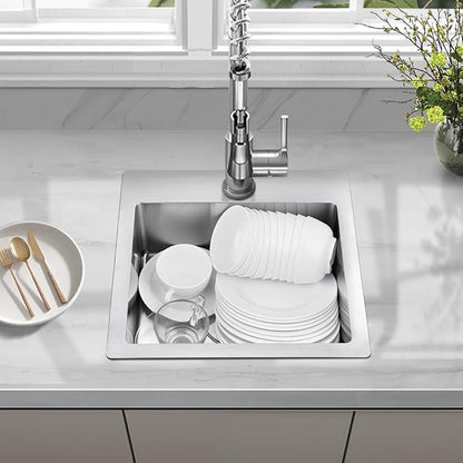 15x15 Inch Bar Sink Drop In - Small Kitchen Sink for RV, Wet Bar & Outdoor, Brushed 18 Gauge Stainless Steel Topmount Single Bowl Utility Sink