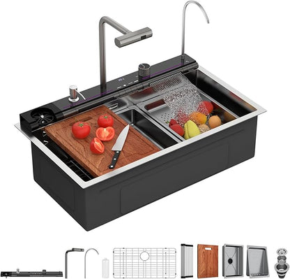 Lordear Drop In Kitchen Sink, 33 inch Waterfall Sink 16 Gauge Stainless Steel, Above Counter Smart Kitchen Sinks, Single Bowl with Integrated Faucet for High-Efficiency Cleaning