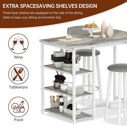 Recaceik Pub Dining Table Set for 2, Table and Bar Stools with 3 Storage Shelves, MDF Board & PU Leather Backrest Chairs, 3 Piece Dining Set for Small Space, Apartment, Kitchen Island, Grey