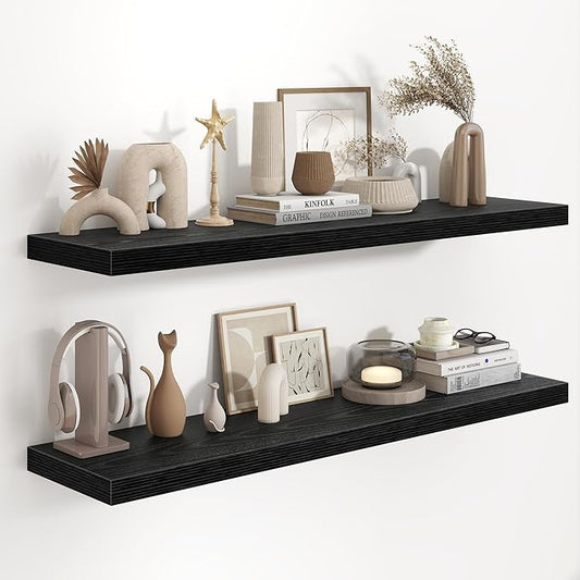 Fun Memories 48 Inch Floating Shelves in Black, 9.3 Inch Deep Wall Shelves for Bathroom, Living Room, Bedroom, Kitchen, Deep Long Shelf Wall Mounted 2 Pack Shelf for Books, Decor