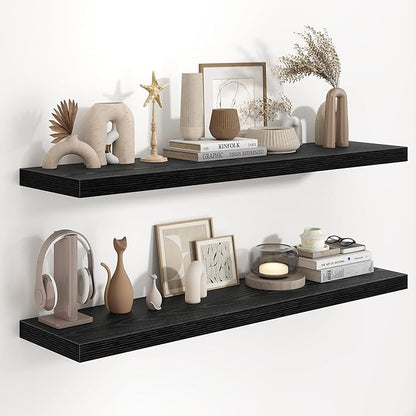 Fun Memories 48 Inch Floating Shelves in Black, 9.3 Inch Deep Floating Shelf for Bathroom Living Room Kitchen, Rusitc Wall Mounted Bathroom Shelves 1 Pack, Heavy-Duty Deep Shelf for Books Decor