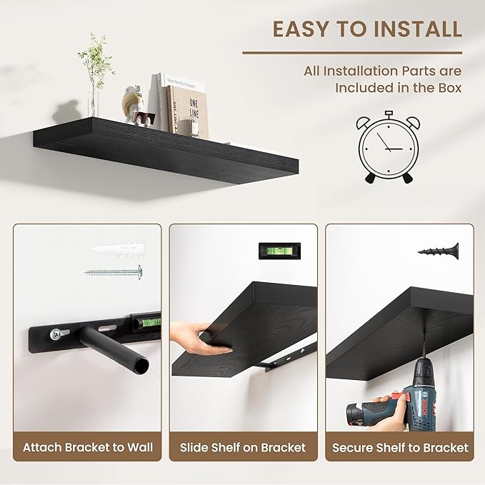 Dreamland 48 Inches Floating Shelves for Wall, 8" Deep Long Floating Shelves Set of 1, Large Display & Storage Shelf, Wall Shelf for Bathroom Bedroom Living Room Kitchen Office, Black