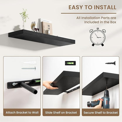 Dreamland 24 Inches Floating Shelves for Wall, 8" Deep Long Floating Shelves Set of 2, Large Display & Storage Shelf, Wall Shelf for Bathroom Bedroom Living Room Kitchen Office, Black