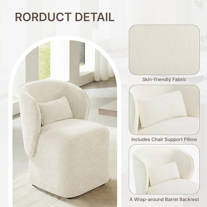 KISLOT Upholstered Dining Chairs with Wheels, Easy Assembly Stain Resistant Fabric Modern Barrel Armchair with Lumbar Cushion, Dining Room Chairs for Kitchen Living Room Bedroom, Beige, Set of 4