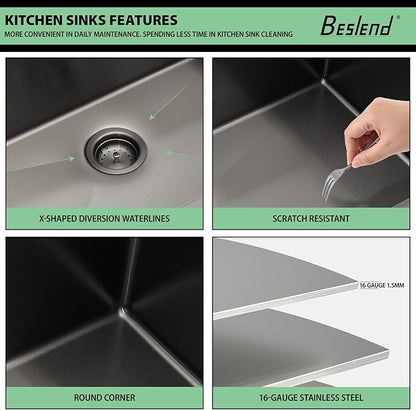 33 Drop In Kitchen Sink - Beslend 33x22 Black Kitchen Sink Drop In with Pull-Out Faucet, Stainless Steel Sinks and Soap Dispenser Topmount 16 Gauge Single Bowl Above Counter Dish Basin 9" Deep