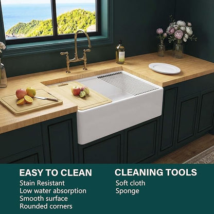 Miuara Farmhouse Workstation Sink 30 Inch for Kitchen - White Apron Front Fireclay Kitchen Sink Reversible 30"x20"x10", Farm House Style Heavy Duty Deep Single Bowl
