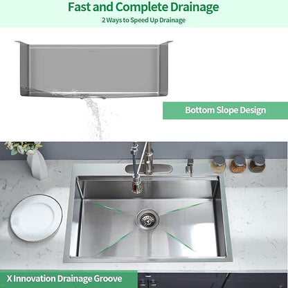 Kitchen Sink, 30 x 22 x 10 Drop in Kitchen Sink 16 Gauge Stainless Steel Kitchen Sinks Single Bowl Workstation Sink with Cutting Board