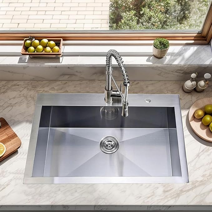 VAPSINT 33x22 Drop In Kitchen Sink, 33 Inch Stainless Steel Top Mount Single Bowl Sink for Kitchen, Overmount Handmade 16 Gauge Brushed Nickel RV Laundry Prep Sinks with Drain