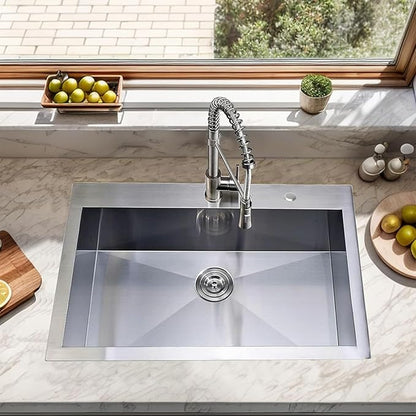 VAPSINT 33x22 Drop In Kitchen Sink, 33 Inch Stainless Steel Top Mount Single Bowl Sink for Kitchen, Overmount Handmade 16 Gauge Brushed Nickel RV Laundry Prep Sinks with Drain