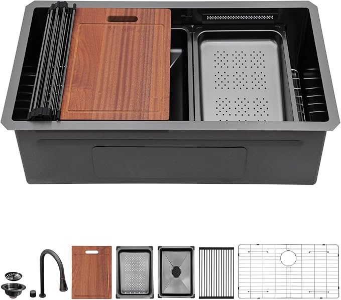 Sarlai 33 Inch Waterfall Kitchen Sink - Black Undermount Kitchen Sink With Waterfall Ledge Workstation Stainless Steel 16 Gauge Multifunction Single Bowl Under Mount Basin with Faucet