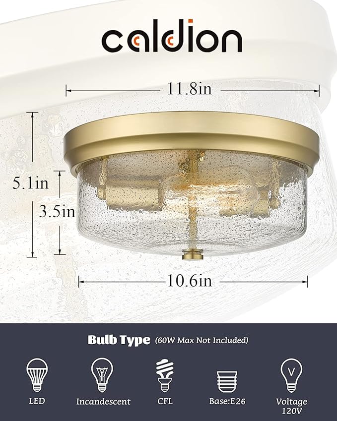 Gold Close to Ceiling Light Fixtures, 12 inch Flush Mount Hallway Light Fixture Gold Finish with Seeded Glass Shade Bedroom Ceiling Lights for Dining Room Kitchen Laundry Bathroom