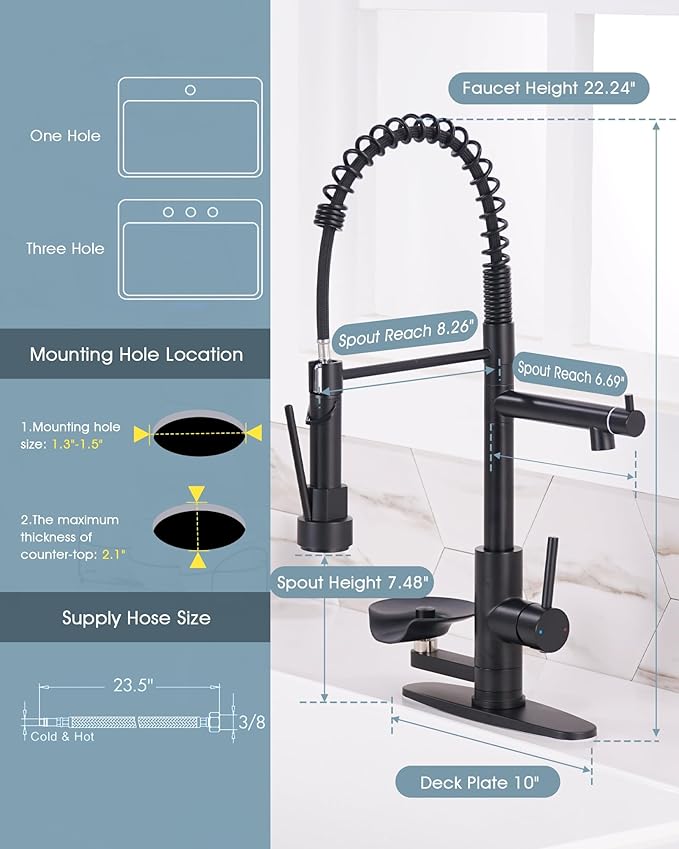 Kitchen Sink Fuacet with Glass Rinser, Single Handle Kitchen Faucet with Pot Filler, Pull Down Sparyer, Deck Plate, 304 Stainless Steel, Matte Black