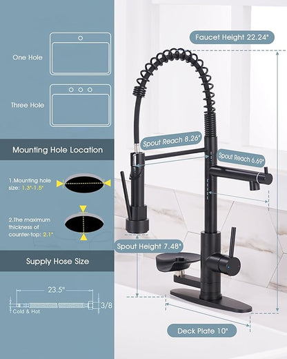 Kitchen Sink Fuacet with Glass Rinser, Single Handle Kitchen Faucet with Pot Filler, Pull Down Sparyer, Deck Plate, 304 Stainless Steel, Matte Black