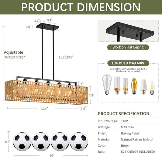 Chandeliers for Dining Room 40 Inch Boho Rattan Chandelier 5-Light Linear Chandelier Large Rectangle Chandelier Over Table, Rattan Light Fixture Kitchen Island Lighting