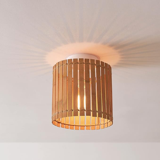 GLOBE Electric 65898 1-Light Flush Mount Ceiling Light, Matte White, Natural Bamboo Shade