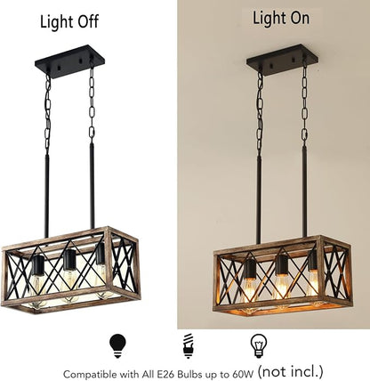 Farmhouse Light Fixtures,3-Light Dining Room Light Fixture,Industrial Metal Kitchen Pendant Lighting Over Island, Chandelier for Dining Table Kitchen Sink, Wood Grain Finish.