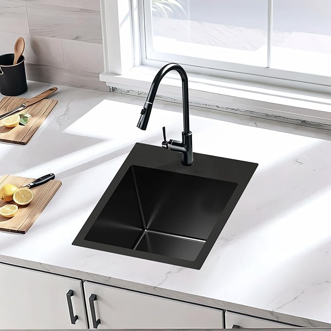13x15 Inch Black Bar Sink Drop In Kitchen Sink, Topmount Stainless Steel Square Small Sinks, Single Bowl Kitchen Sinks for Laundry Wet Bar Prep RV Office Outdoor Yard with Grid & Drain
