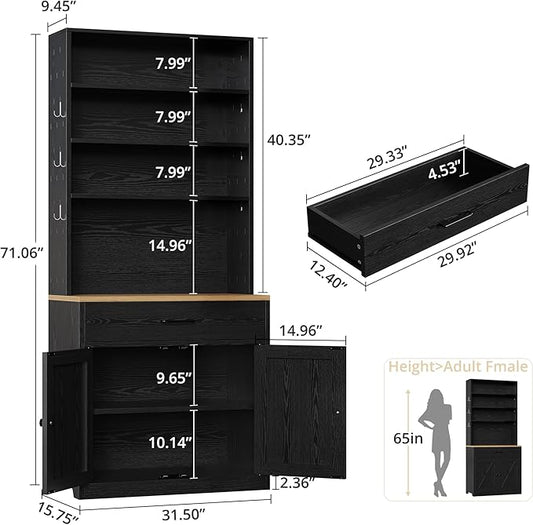 IRONCK Bakers Rack Microwave Stand with Customizable Pegboard and Storage, 71" Farmhouse Coffee Bar Cabinet with Drawer, Barn Doors, Adjustable Shelves for Kitchen, Dining Room, Living Room, Black