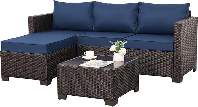 Patio Furniture Set 3 Pieces Outdoor Sectional Sofa Set Wicker Patio Furniture Outdoor Couch Outdoor Ottoman Coffee Table with Storage All-Weather Anti-Slip Cushions Waterproof Covers, Navy Blue