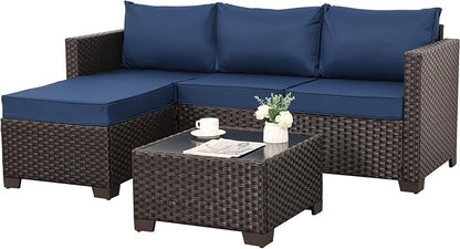Patio Furniture Set 3 Pieces Outdoor Sectional Sofa Set Wicker Patio Furniture Outdoor Couch Outdoor Ottoman Coffee Table with Storage All-Weather Anti-Slip Cushions Waterproof Covers, Navy Blue