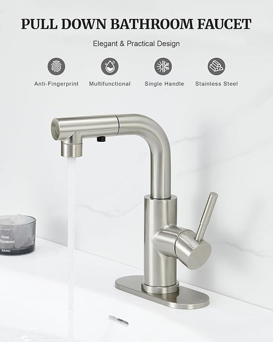 Ultimate Unicorn Brushed Nickel Single Handle Modern Bathroom Faucet with Pull Out Sprayer, 15.5" Retractable Hose, 360 Swivel Spout, Pop Up Drain, Stainless Steel, 1 Hole Installation