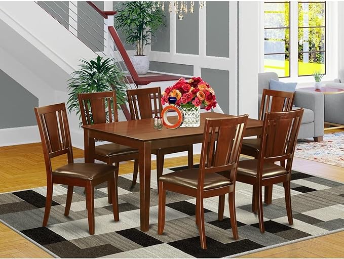 HomeStock 7 Piece Dining Table Set Consist of a Rectangle Dining Room Table and 6 Faux Leather Seat Chairs, 36x60 Inch, Mahogany