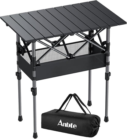 Anbte 2ft Small Roll Up Camping Table, 2 Adjustable Height Aluminum Portable Camping Table with Storage Net & Bag, Lightweight Waterproof Folding Table for Indoor Outdoor BBQ Picnic, 25” X 16”, Black