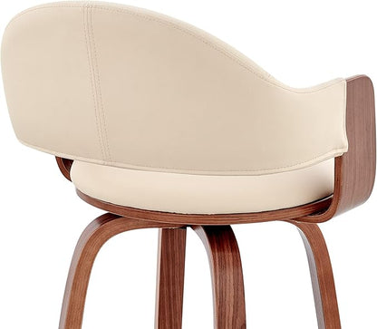 Armen Living Daxton Mid Century Modern Swivel Bar Stool for Kitchen Island Counter in Cream Faux Leather and Walnut Wood, 26" Seat Height