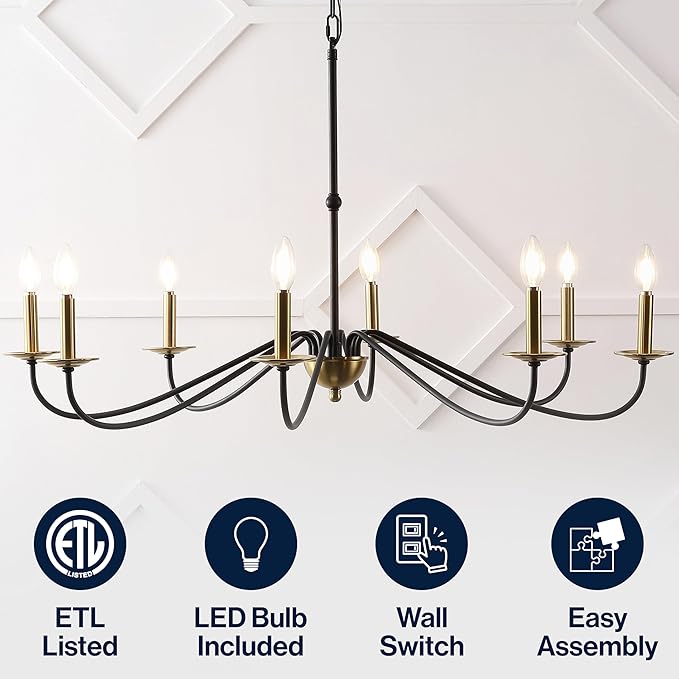 JONATHAN Y 40" Brass Gold/Black 8-Light Bohemian Farmhouse Iron Chandelier, Rustic Candle-Style LED Hanging Light for Dining Room Kitchen Island Entryway Foyer (JYL7914B)