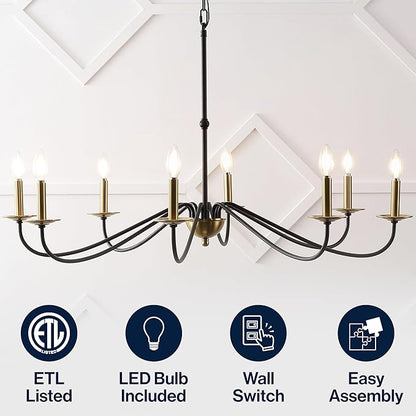 JONATHAN Y 40" Brass Gold/Black 8-Light Bohemian Farmhouse Iron Chandelier, Rustic Candle-Style LED Hanging Light for Dining Room Kitchen Island Entryway Foyer (JYL7914B)