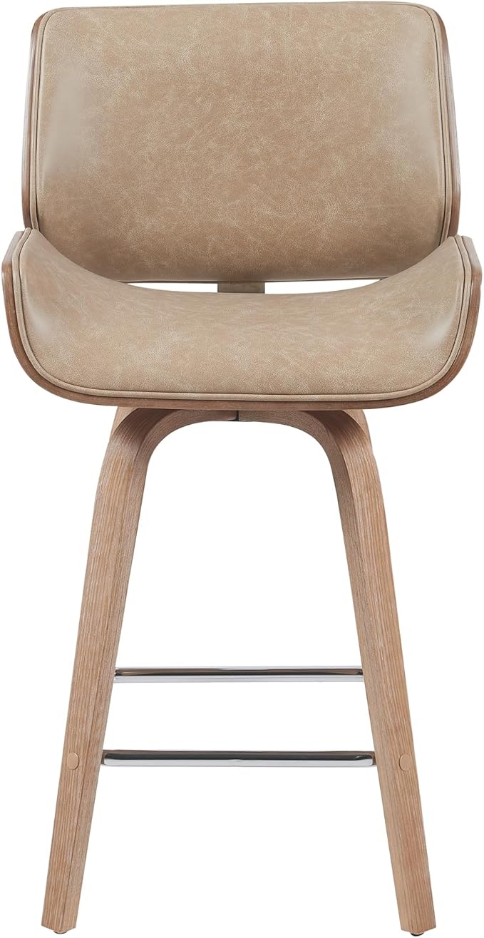Tyler Modern Counter Height Swivel Bar Stool with White Wash Finished Wood and Vintage Brown Upholstery Set of 2